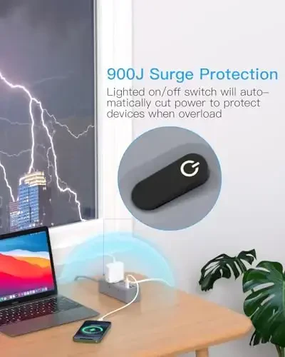 5Ft Uzaytirgich sim bir nechta rozetka bilan, yassi vilkali elektr uzatgich, 5 Ft uzunlikdagi simli, 6 rozetkali 3 USB portli (1 USB C), sayohat, yotoqxona uchun ko'p rozetkali devor vilkasi - Kulrang - 3