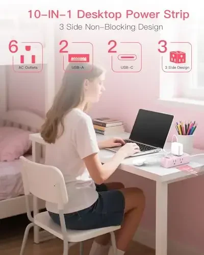 5Ft Uzaytirgich sim ko'p rozetkali, Yassi vilka elektr uzatgich himoyachisi 5 Ft uzun simli, 6 rozetka 3 USB porti (1 USB C), Sayohat, yotoqxona uchun ko'p rozetkali devor vilkasi-Pushti - 2