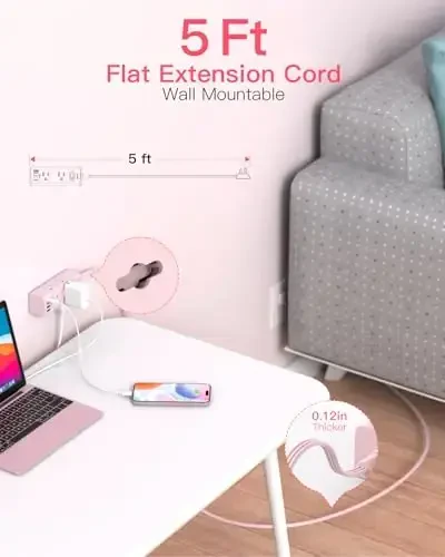 5Ft Uzaytirgich sim ko'p rozetkali, Yassi vilka elektr uzatgich himoyachisi 5 Ft uzun simli, 6 rozetka 3 USB porti (1 USB C), Sayohat, yotoqxona uchun ko'p rozetkali devor vilkasi-Pushti - 5