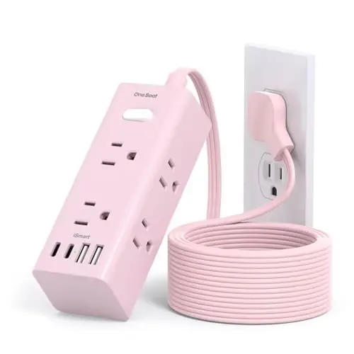 5Ft Uzaytirgich sim ko'p rozetkali, Yassi vilka elektr uzatgich himoyachisi 5 Ft uzun simli, 6 rozetka 3 USB porti (1 USB C), Sayohat, yotoqxona uchun ko'p rozetkali devor vilkasi-Pushti - 1