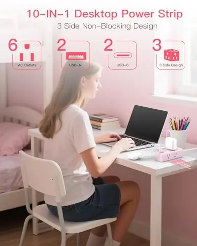 5Ft Uzaytirgich sim ko'p rozetkali, Yassi vilka elektr uzatgich himoyachisi 5 Ft uzun simli, 6 rozetka 3 USB porti (1 USB C), Sayohat, yotoqxona uchun ko'p rozetkali devor vilkasi-Pushti - 3