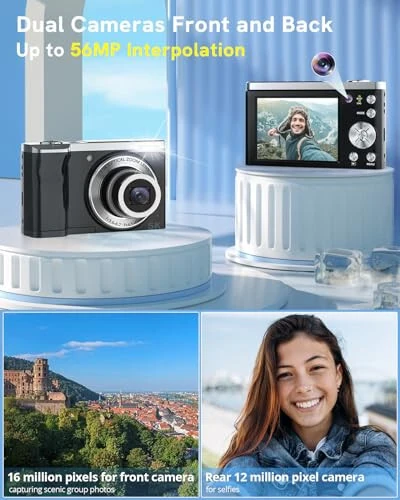 5K Raqamli Kamera 2024 Eng yangi 56MP kameralar Fotografiya uchun Avtofokus, 10X Optik Zoom Vlogging Kompakt kamera Old va orqa kamera bilan, 6 o'qli Anti-tebranish, 64GB SD karta bilan Sensorli ekran, 2 Batareya - Lecnippy (1)