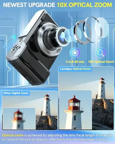 5K Raqamli Kamera 2024 Eng yangi 56MP kameralar Fotografiya uchun Avtofokus, 10X Optik Zoom Vlogging Kompakt kamera Old va orqa kamera bilan, 6 o'qli Anti-tebranish, 64GB SD karta bilan Sensorli ekran, 2 Batareya - 3