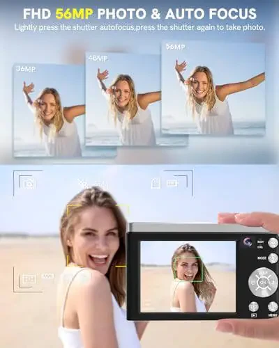 5K Raqamli Kamera 2024 Eng yangi 56MP kameralar Fotografiya uchun Avtofokus, 10X Optik Zoom Vlogging Kompakt kamera Old va orqa kamera bilan, 6 o'qli Anti-tebranish, 64GB SD karta bilan Sensorli ekran, 2 Batareya - 4