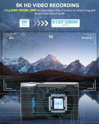 5K Raqamli Kamera 2024 Eng yangi 56MP kameralar Fotografiya uchun Avtofokus, 10X Optik Zoom Vlogging Kompakt kamera Old va orqa kamera bilan, 6 o'qli Anti-tebranish, 64GB SD karta bilan Sensorli ekran, 2 Batareya - 5