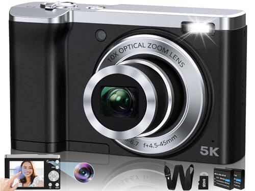 5K Raqamli Kamera 2024 Eng yangi 56MP kameralar Fotografiya uchun Avtofokus, 10X Optik Zoom Vlogging Kompakt kamera Old va orqa kamera bilan, 6 o'qli Anti-tebranish, 64GB SD karta bilan Sensorli ekran, 2 Batareya - 1