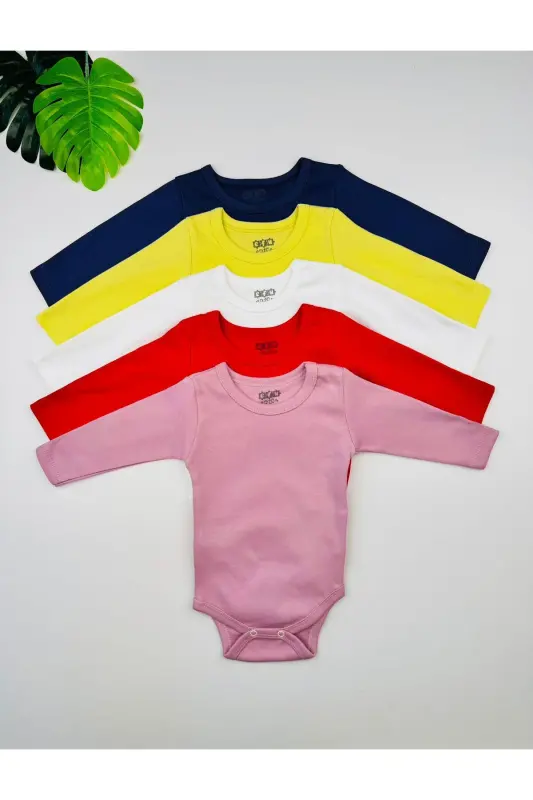 5'li %100 Pamuklu Penye Uzun Kol Unisex Bebek Body Zıbın - Renk 1 - 2