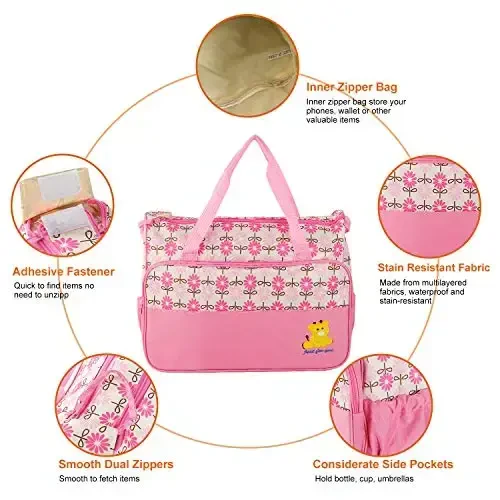 5PCS Diaper Bag Tote Set for Baby Essentials – Large Baby Bags for Mom, Waterproof Maternity Bags with Bottle Bag, Food Bag & Changing Pad (Pink) - 4