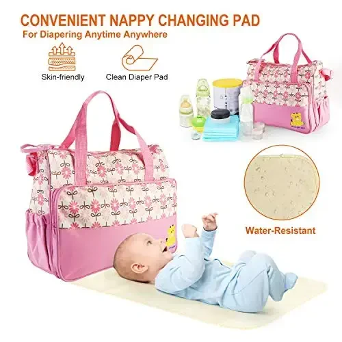 5PCS Diaper Bag Tote Set for Baby Essentials – Large Baby Bags for Mom, Waterproof Maternity Bags with Bottle Bag, Food Bag & Changing Pad (Pink) - 6