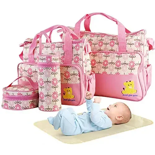 5PCS Diaper Bag Tote Set for Baby Essentials – Large Baby Bags for Mom, Waterproof Maternity Bags with Bottle Bag, Food Bag & Changing Pad (Pink) - Modazone