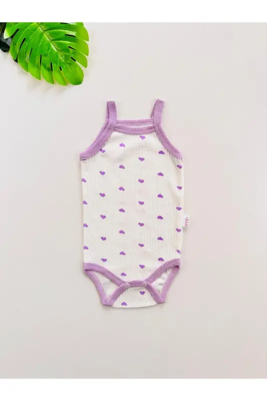 5'li Fitilli İp Askılı Kalp Desenli Kız Bebek Body Zıbın - Mor - 2