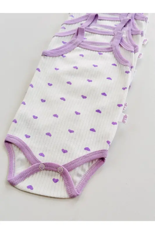 5'li Fitilli İp Askılı Kalp Desenli Kız Bebek Body Zıbın - Mor - 7