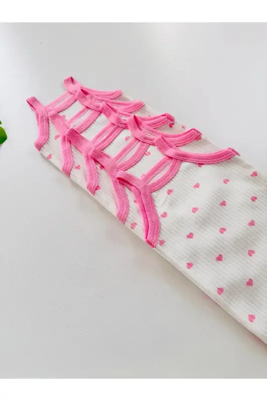 5'li Fitilli İp Askılı Kalp Desenli Kız Bebek Body Zıbın - Pembe - 4