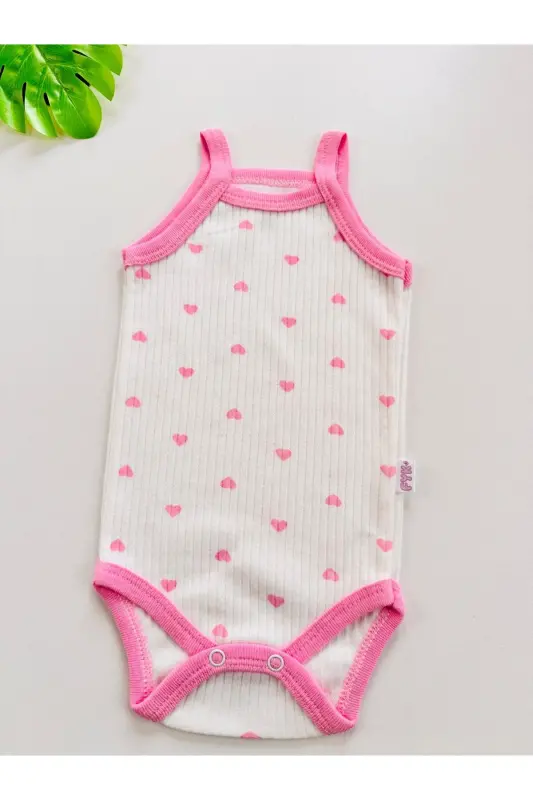 5'li Fitilli İp Askılı Kalp Desenli Kız Bebek Body Zıbın - Pembe - 7
