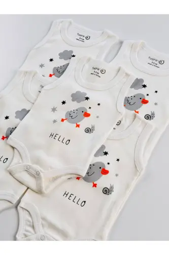 5'li Hello Kuş Desenli Pamuklu Bebek Atlet Body Zıbın-Beyaz - 5
