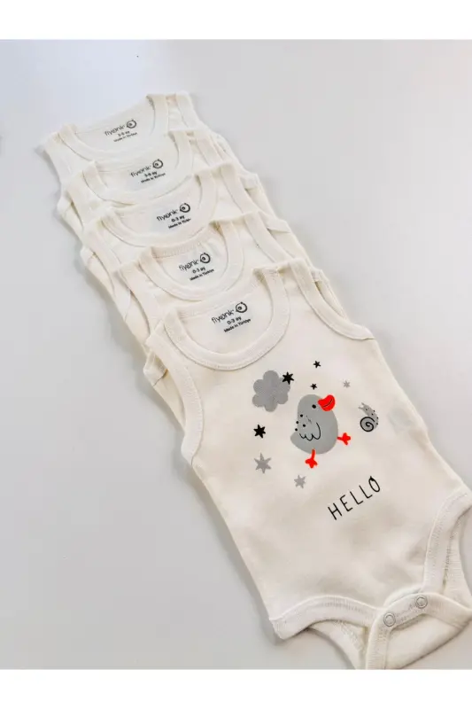 5'li Hello Kuş Desenli Pamuklu Bebek Atlet Body Zıbın-Beyaz - 6
