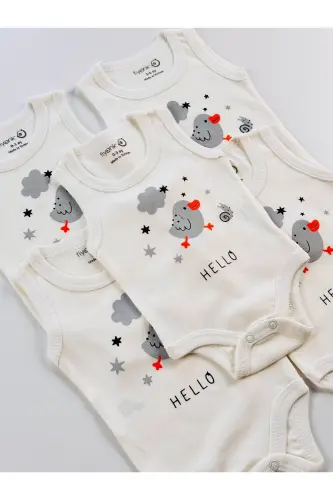 5'li Hello Kuş Desenli Pamuklu Bebek Atlet Body Zıbın-Beyaz - 4
