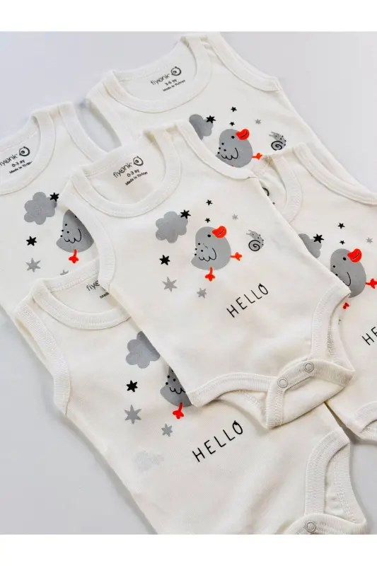 5'li Hello Kuş Desenli Pamuklu Bebek Atlet Body Zıbın-Beyaz - 4