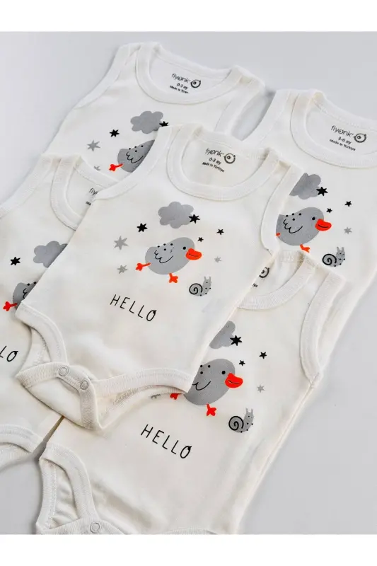5'li Hello Kuş Desenli Pamuklu Bebek Atlet Body Zıbın-Beyaz - 5