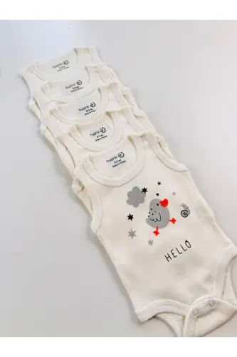 5'li Hello Kuş Desenli Pamuklu Bebek Atlet Body Zıbın-Beyaz - 6