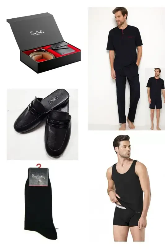 5Lİ Kutulu Erkek Çeyiz Paketi Pijama Takım & Şort Atlet Boxer Çorap - Kemer Cüzdan Set ve Terlik H-Lacivert - PIERRE CARDIN