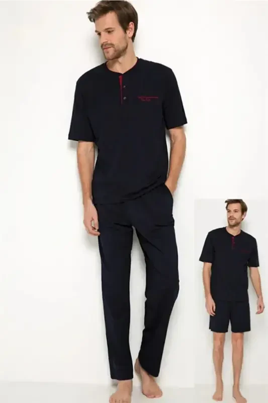 5Lİ Kutulu Erkek Çeyiz Paketi Pijama Takım & Şort Atlet Boxer Çorap - Kemer Cüzdan Set ve Terlik H-Lacivert - 2