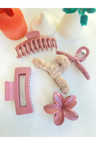 5'li Lotus-fiyonk-dikdörtgen-peluş-tırmık Topuz Toka Seti - KAHVERENGİ - 3