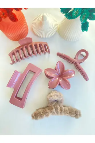 5'li Lotus-fiyonk-dikdörtgen-peluş-tırmık Topuz Toka Seti - KAHVERENGİ - 5
