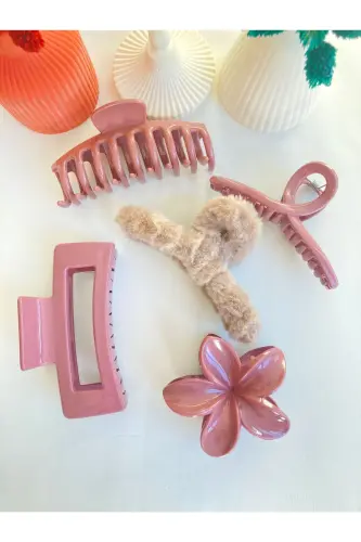 5'li Lotus-fiyonk-dikdörtgen-peluş-tırmık Topuz Toka Seti - KAHVERENGİ 