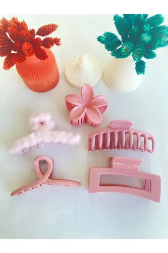 5'li Lotus-fiyonk-dikdörtgen-peluş-tırmık Topuz Toka Seti - PEMBE - 2