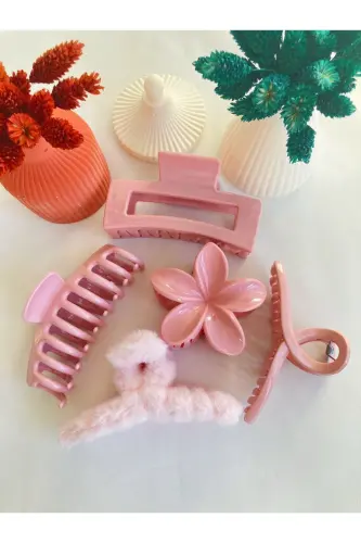 5'li Lotus-fiyonk-dikdörtgen-peluş-tırmık Topuz Toka Seti - PEMBE - 3