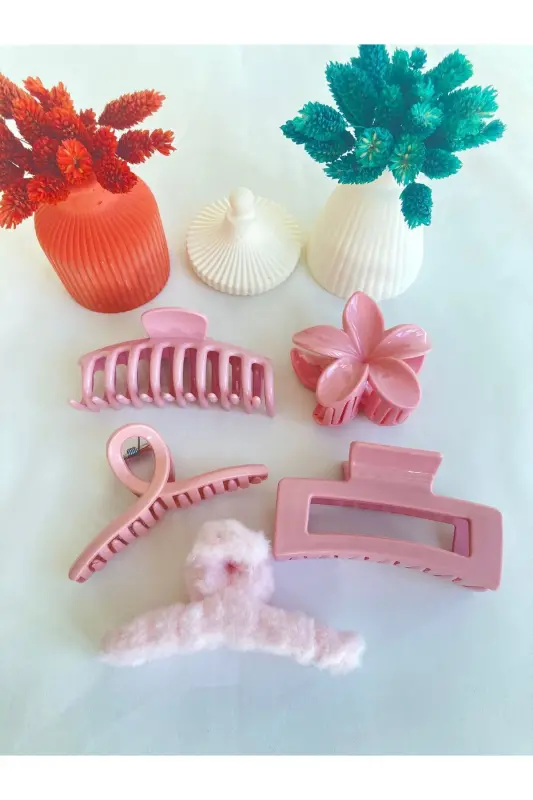 5'li Lotus-fiyonk-dikdörtgen-peluş-tırmık Topuz Toka Seti - PEMBE - PREGIO