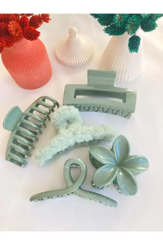 5'li Lotus-fiyonk-dikdörtgen-peluş-tırmık Topuz Toka Seti-YEŞİL - 3