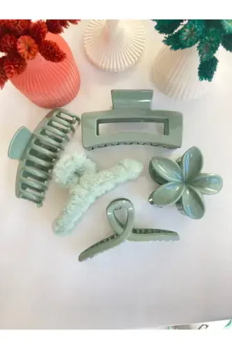 5'li Lotus-fiyonk-dikdörtgen-peluş-tırmık Topuz Toka Seti-YEŞİL - 5