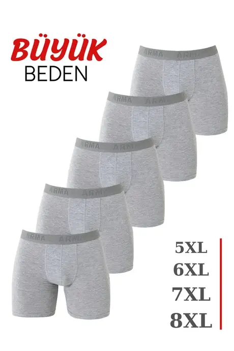 5'li Paket Gri Erkek Büyük Beden Boxer Pamuklu Likralı - BÜYÜKBEDENIZ
