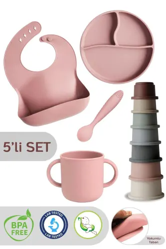 5'li Set Silikon Mama Önlüğü, Bardak, Vakumlu Tabak, Kaşık, Kule Aktivite Oyuncağı - Pembe - 1