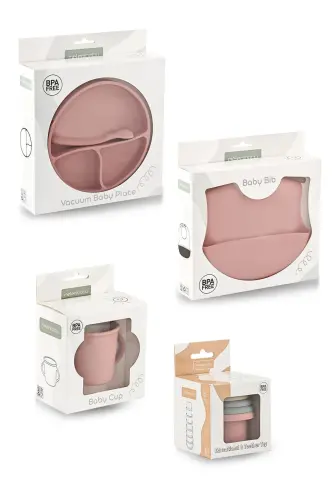 5'li Set Silikon Mama Önlüğü, Bardak, Vakumlu Tabak, Kaşık, Kule Aktivite Oyuncağı - Pembe - 6