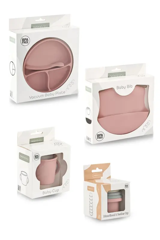 5'li Set Silikon Mama Önlüğü, Bardak, Vakumlu Tabak, Kaşık, Kule Aktivite Oyuncağı - Pembe - 6