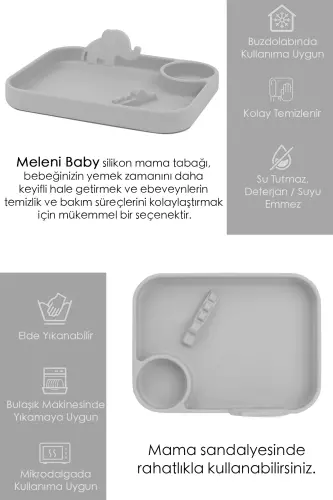 5'li Silikon Beslenme Seti - Bebek Mama Önlüğü - Tabak - Vakumlu Kase - Pipetli Bardak - Kaşık-Gri - 6