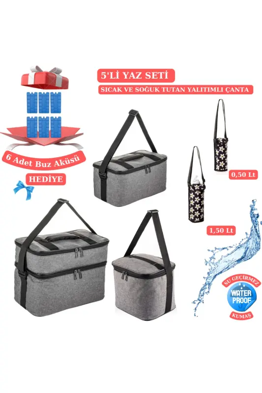 5'li Yaz Seti Soğutucu Termos Kamp Piknik Sıcak Ve Soğuk Tutan Askılı Yalıtımlı Termal Çanta Buzluk-Gri Desenli - 1