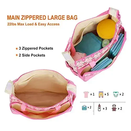 5PCS Diaper Bag Tote Set for Baby Essentials – Large Baby Bags for Mom, Waterproof Maternity Bags with Bottle Bag, Food Bag & Changing Pad (Pink) - 5
