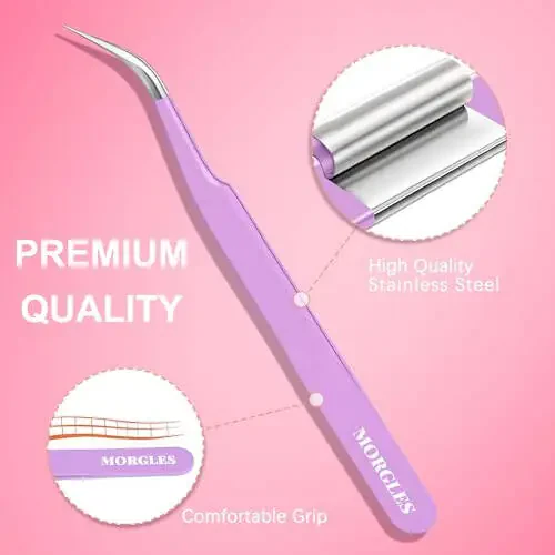 5pcs Eyelash Extension Tweezers, MORGLES High Precision Lash Tweezers, Straight and Curved Eye Lash Tweezers for Extensions, Volume Lash Tweezers for Crafting, Girls Women Beginners - 6