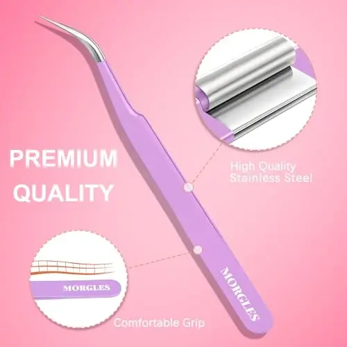 5pcs Eyelash Extension Tweezers, MORGLES High Precision Lash Tweezers, Straight and Curved Eye Lash Tweezers for Extensions, Volume Lash Tweezers for Crafting, Girls Women Beginners - 5