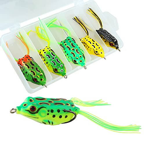 5Pcs Topwater Frog Lures Sets with Bait Box, Frog Lure Ray Frog Topwater Fishing Crankbait Lures, Frog Artificial Soft Bait for Bass Snakehead, Weedless Freshwater Soft Simulated Frog Bait - 1