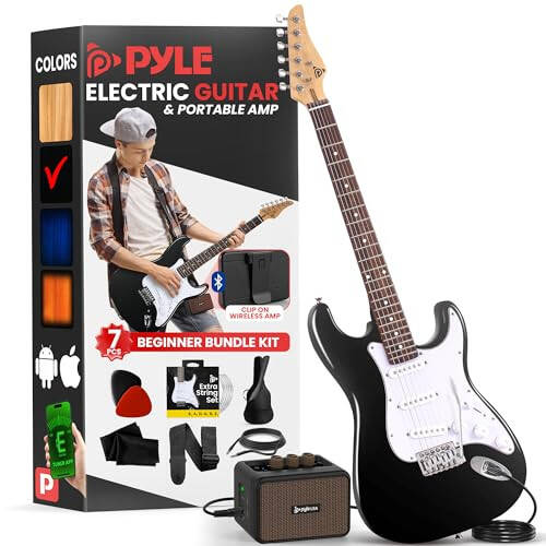 5W Amplifikatör, Gig Çantası, Penalar, Yedek Teller ve Askılı Pyle Full Size Elektrik Gitar Seti, 22 Perdeli Başlangıç Gitar Seti, Paulownia Gövdeli ST Tarzı, Siyah - 1