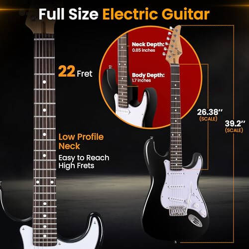 5W Amplifikatör, Gig Çantası, Penalar, Yedek Teller ve Askılı Pyle Full Size Elektrik Gitar Seti, 22 Perdeli Başlangıç Gitar Seti, Paulownia Gövdeli ST Tarzı, Siyah - 3