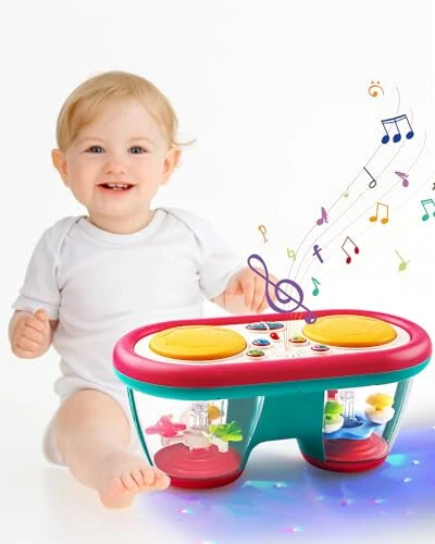 Baby Toys for 6 to 12 Months, Drum Musical Instruments Rotating Light Up Toys for 12-18 Months Kids, Tummy Time Toys for Baby 0-3-6-9 Months, Walker for Baby Boy Girl Toys 1 Year Old (Blue) 