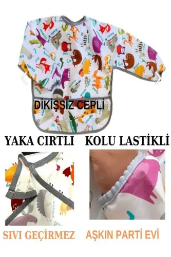6-24oy Zoo, suv o'tkazmaydigan, cho'ntakli, mashinada yuvish mumkin, Velcro, uzun yengli choksiz chaqaloq uchun ovqatlanish oldligi - DESEN ZOO - AŞKIN PARTI EVI (1)