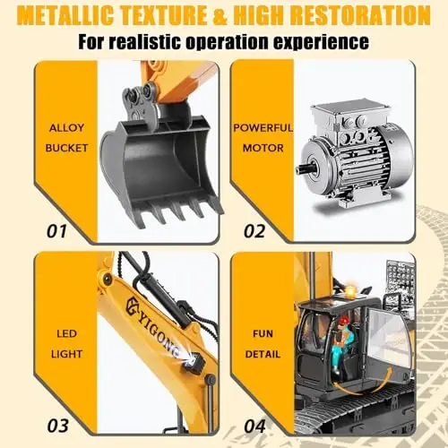 Remote Control Excavator for Boy 6 7 8 9 Years Old, 2.4 GHz Gravity Controlled Excavator Toys with Lights Sound, Rechargeable 11 CH RC Construction Vehicles Metal Shovel, Gifts for Kids 6-12 Year Old - 4