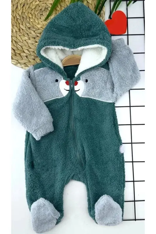 6-9-12-18 Months Zippered Welsoft Furry Fabric Hooded Footed Baby Romper - GENEL MARKALAR
